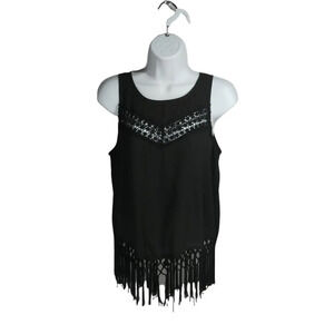 Monteau Swing Back Closure Fringe Semi-Sheer Crocheted Lace Black Top  Blouse S